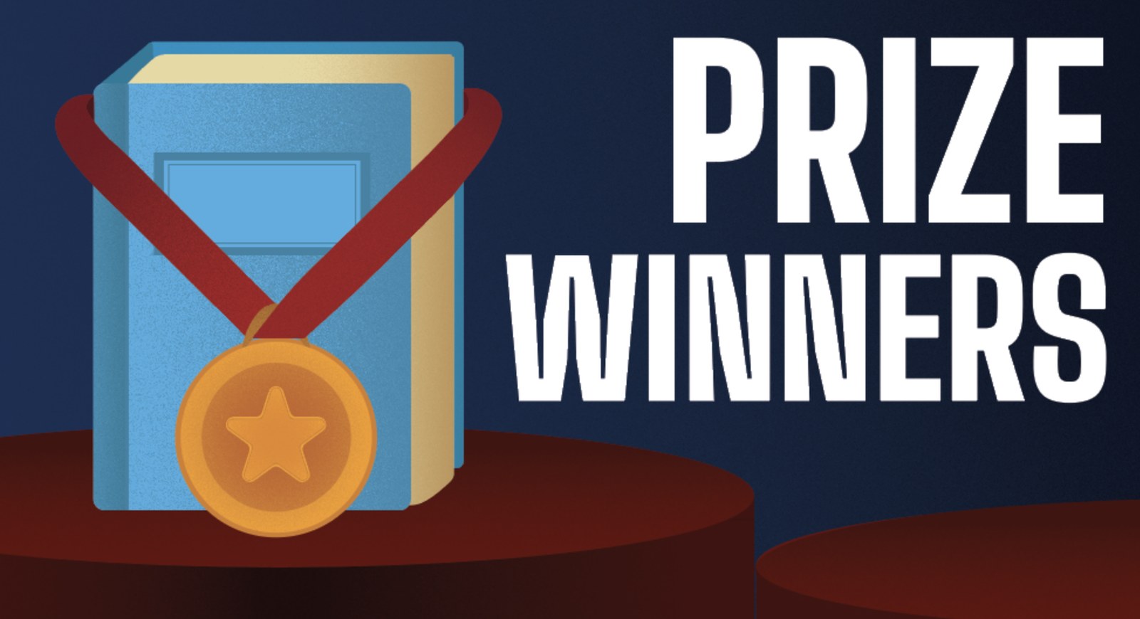 Prize Winners endcap: a book wearing a gold medal on a podium