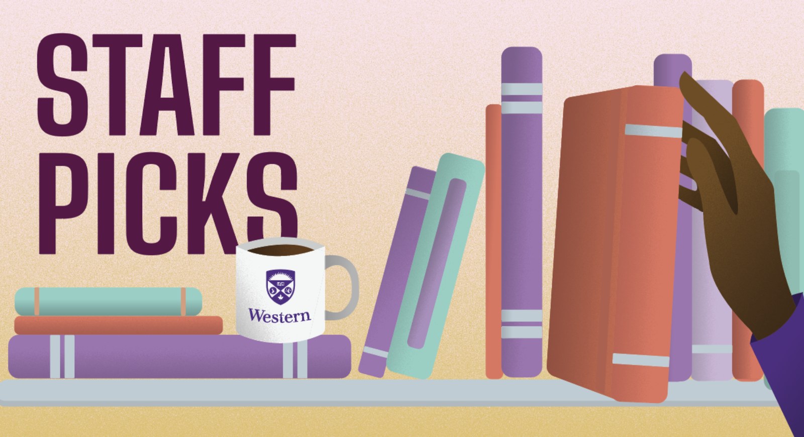 Staff Picks endcap: a hand pulling a book from a shelf beside a Western mug
