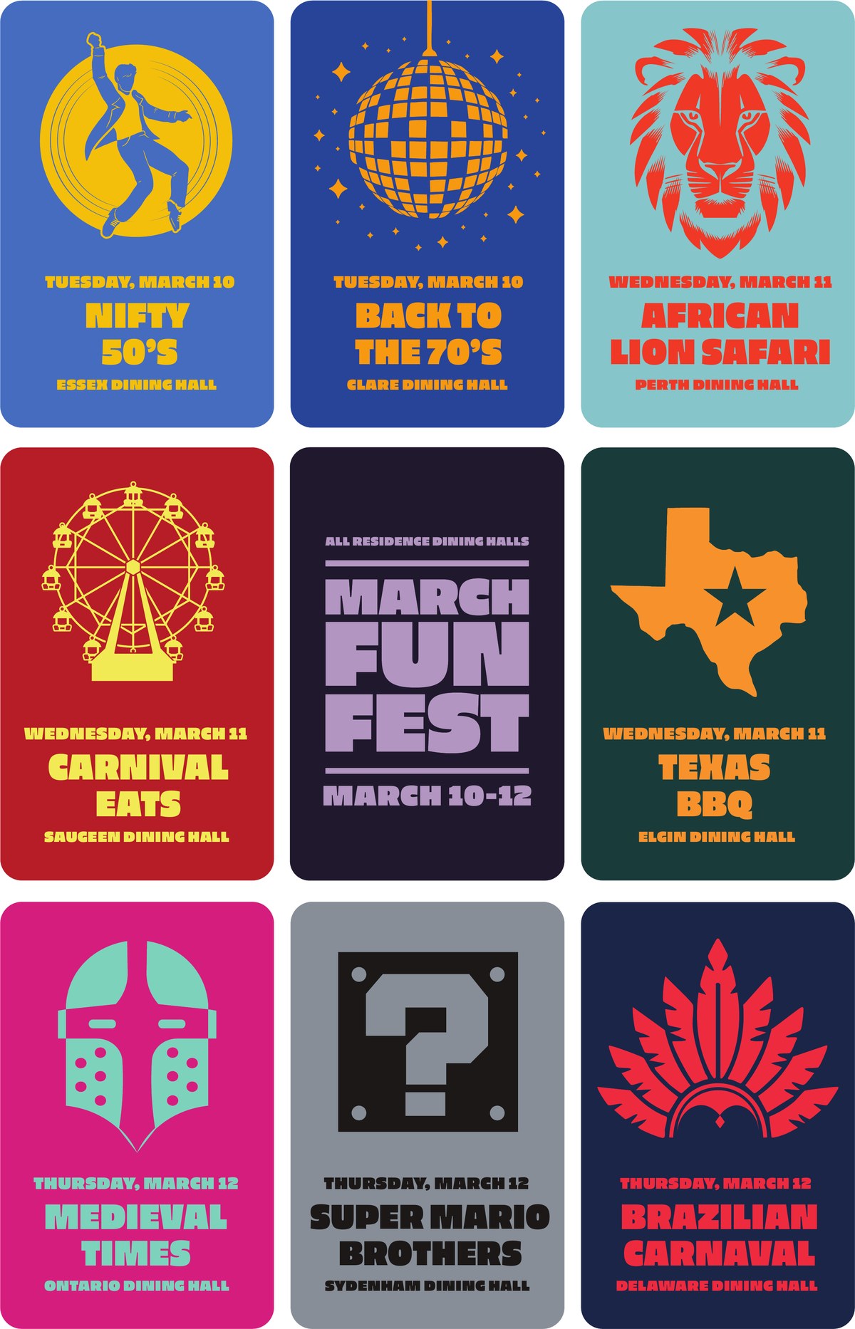 March Fun Fest 11x17 poster: eight themed dinners around the event wordmark