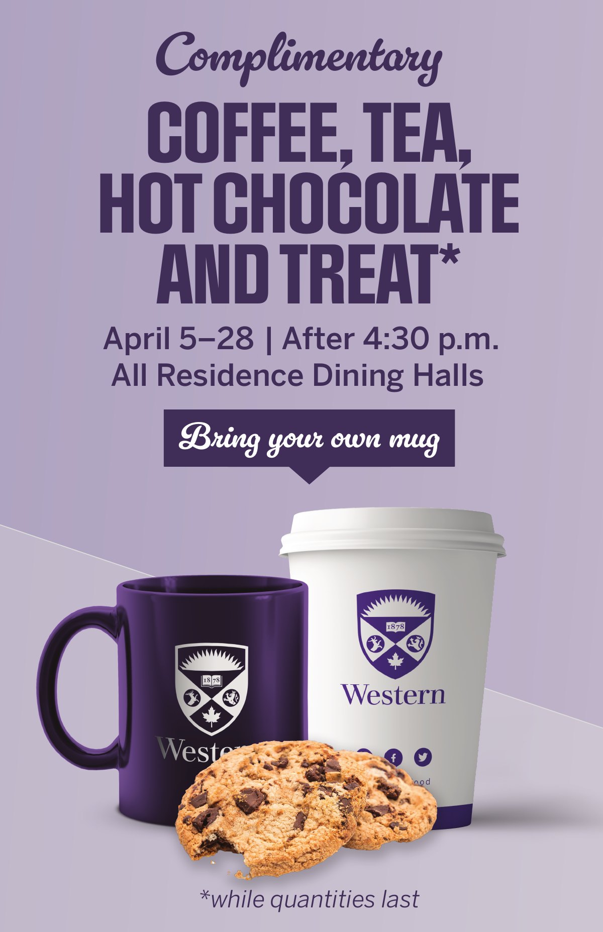 Complimentary coffee, tea and hot chocolate poster