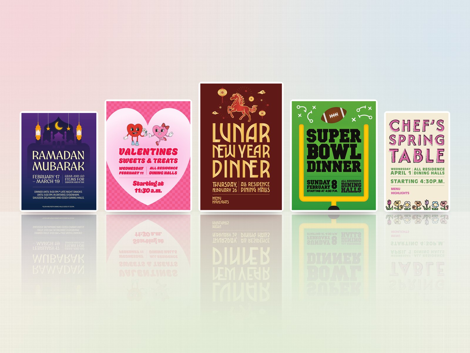 Valentine’s, Lunar New Year and Super Bowl themed dinner posters